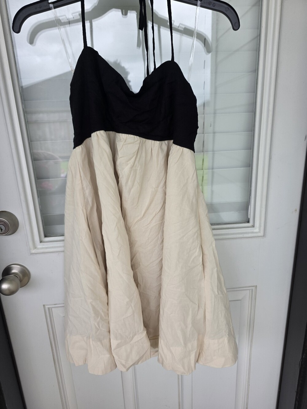 Row A Black Cream A-Line Midi Dress Halter Tie Back Cotton Linen Summer Dress M - Picture 3 of 8